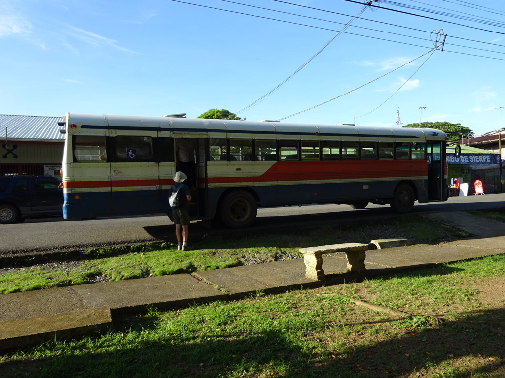 Aaron talks to the driver of the bus that will take us from Sierpe to Palmar Norte. We are the only Gringos on the bus.