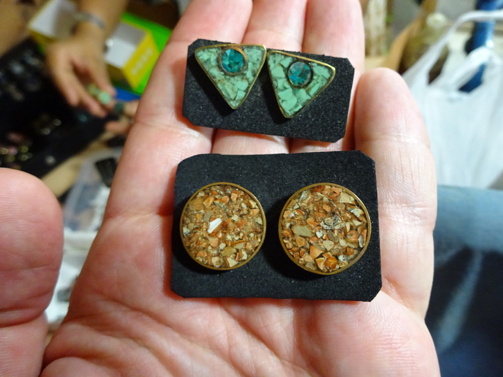 A couple pairs of Cristina's brass inlaid earrings - malachite, chrysacola, etc.