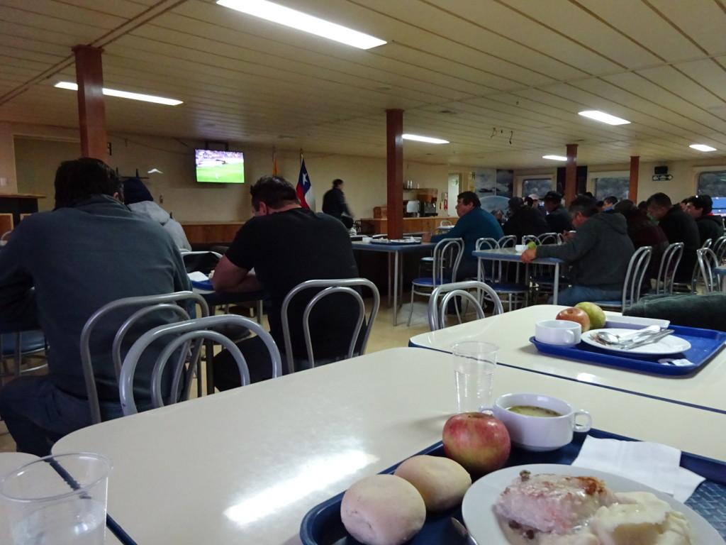 Dining Hall - see everyone is sitting in rows watching the futbol match!