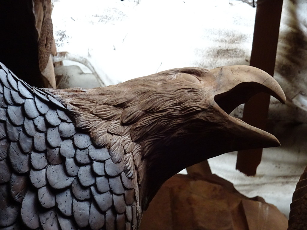 Cool wood hawk sculpture in progress in a local woodshop.