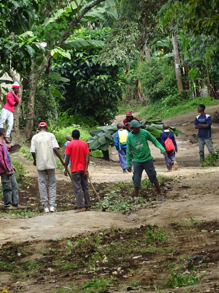 Villagers work on fixing up their stretch of road. They used a cloths line and two teenagers to extract a toll from anyone wanting to pass on the newly renovated way