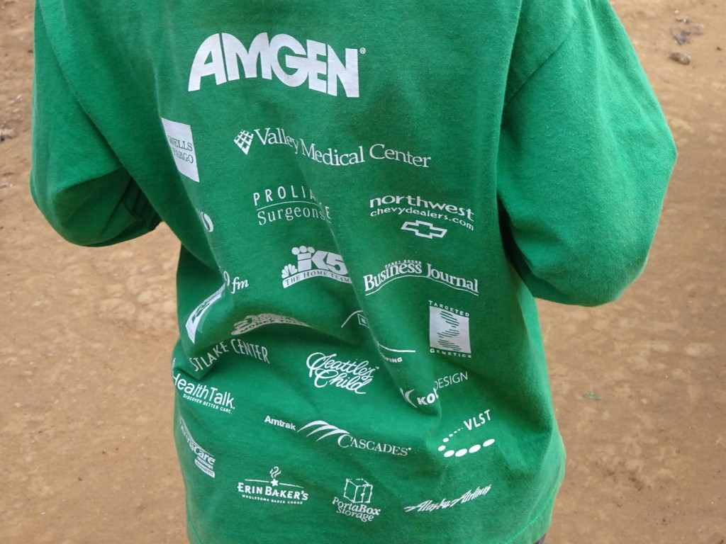 Our recylced t-shirts are put to good use in TZ; Amgen? Not sure if they are doing as well as the t-shirt.