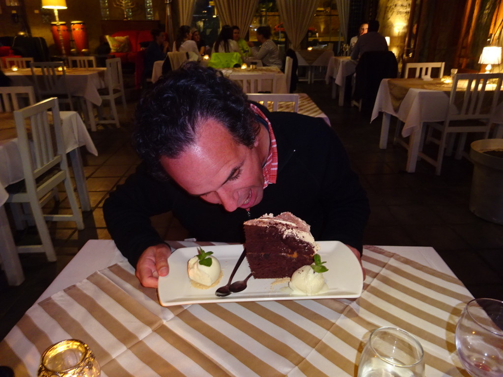 The food was incredibly good and this chocolate birthday cake was fantastic. Too bad Aaron refused to use a fork.