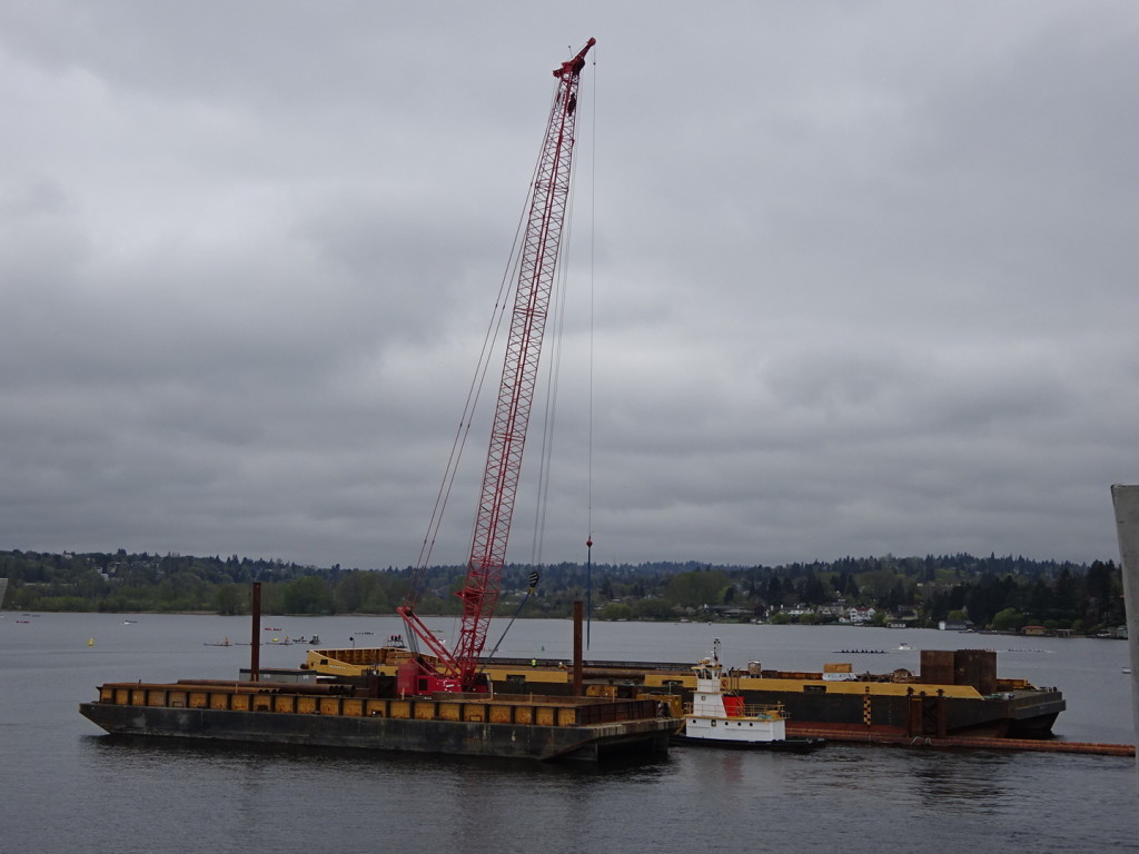 Walking onto the bridge Lake Washington is dotted with cranes and equipment afloat on barges. It give you a sense of just how challenging in-water construction is.