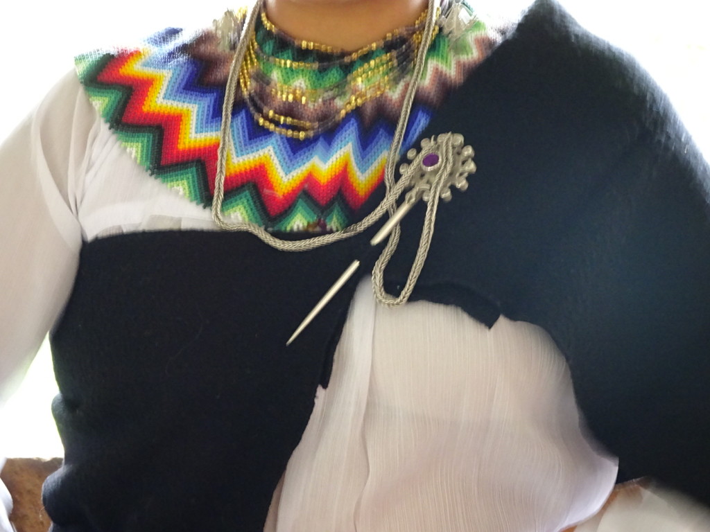 Here you can really see the beaded necklace, the shawl and the amazing silver pin holding the shawl closed.