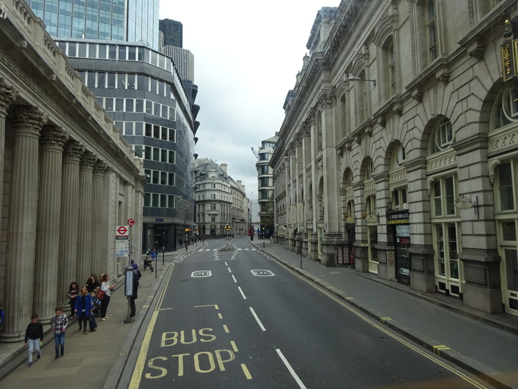 A fine London street as seen from the top deck of a classic double-decker bus!
